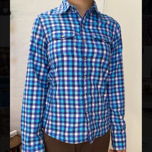 North Face Blue Gingham Button Up Shirt 